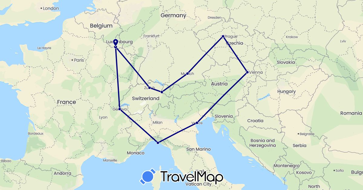 TravelMap itinerary: driving in Austria, Switzerland, Czech Republic, Germany, Italy, Liechtenstein, Luxembourg (Europe)